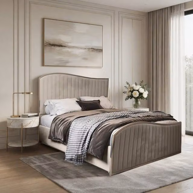 Casani Gainsborough Upholstered Velvet Designer Bed Frame in Cream and Beige, W/D/H: 140 x 200 cm – 1