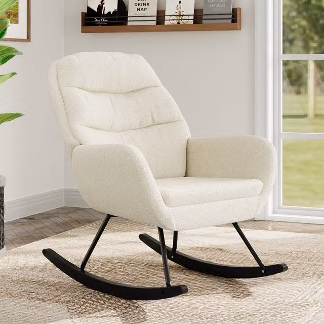 Livingandhome Teddy Fleece Upholstered Rocking Chair with Armrests in Beige and White