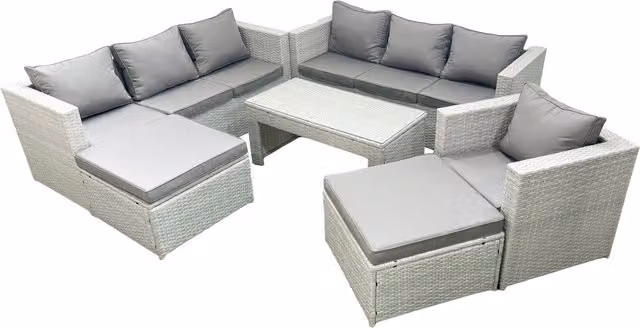 Fimous Wicker PE Rattan Garden Furniture Set in Light Grey with Oblong Coffee Table, Armchair, Sofa and Two Footstools