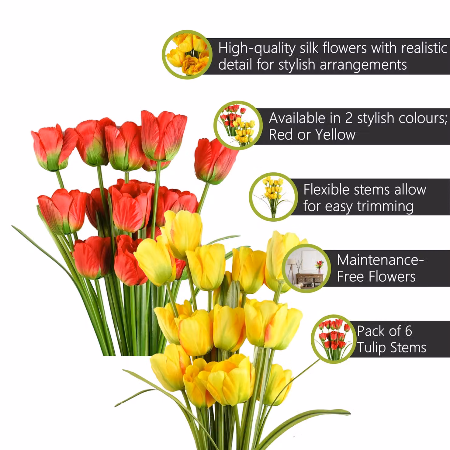 Pegdev Pack of 6 Artificial Tulip Stems in Red and Yellow, 80 cm Height – 2