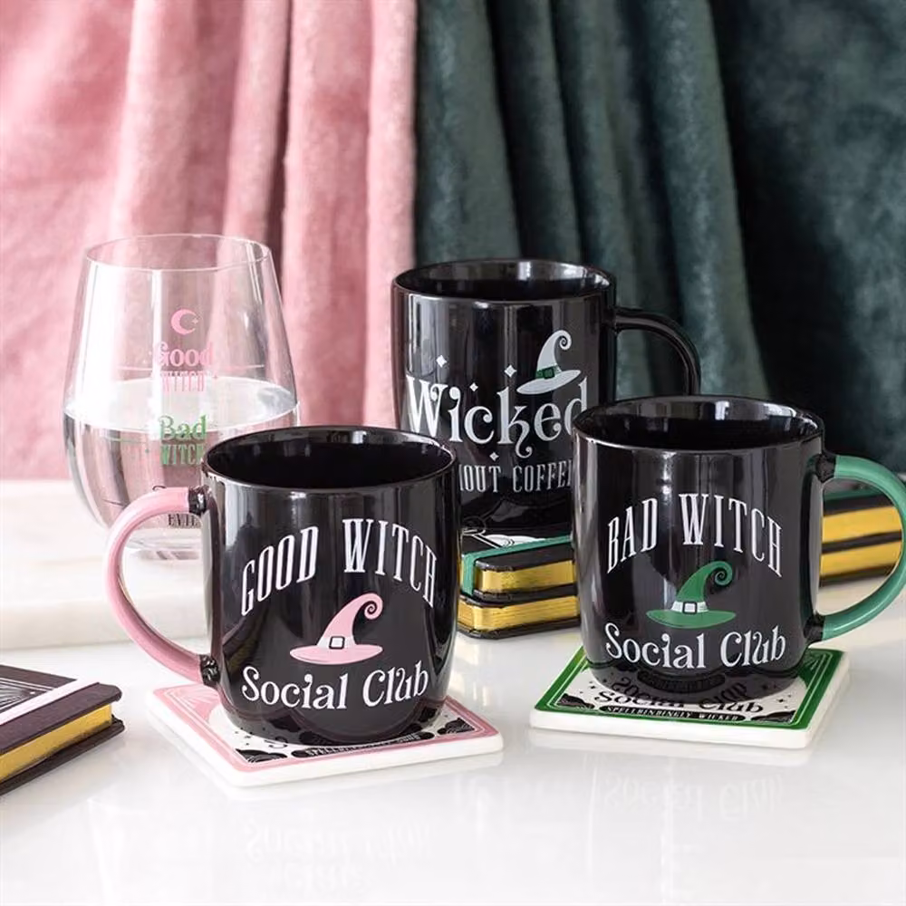 Uniqueful Bad Witch Social Club Ceramic Mug and Coaster Set in Black, 1000ml – 2