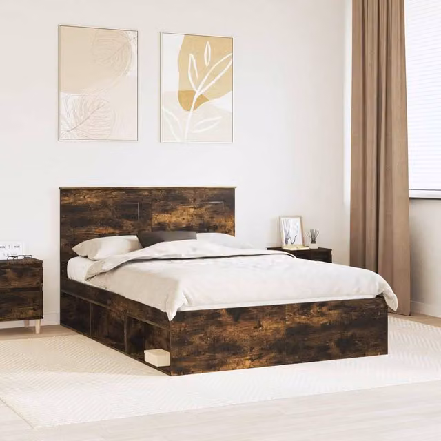 Berkfield Home Smoked Oak Bed Frame in Brown, Solid Pine and Wood, W/D/H: 140 x 200 cm