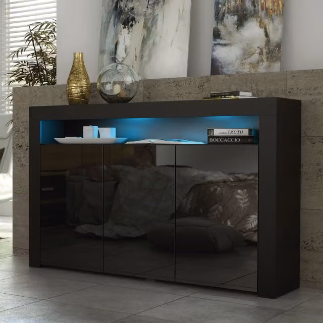 Creative Furniture Aether Modern Glossy Black Sideboard with Integrated Lighting W: 155 cm, H: 92 cm, D: 40 cm