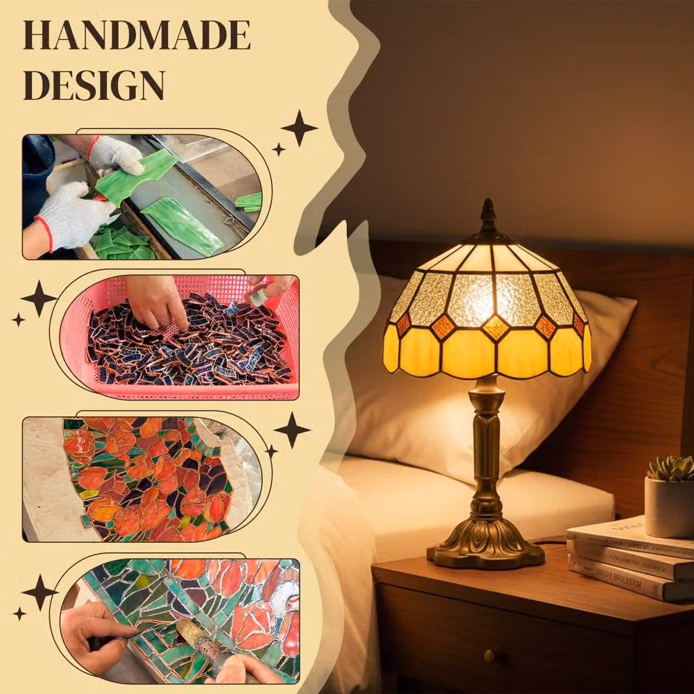 Wyld Haus Art Deco Handmade Stained Glass Table Lamp with Bronze Base in Yellow, Orange and White, H 35 x W 20 x D 20 cm – 5