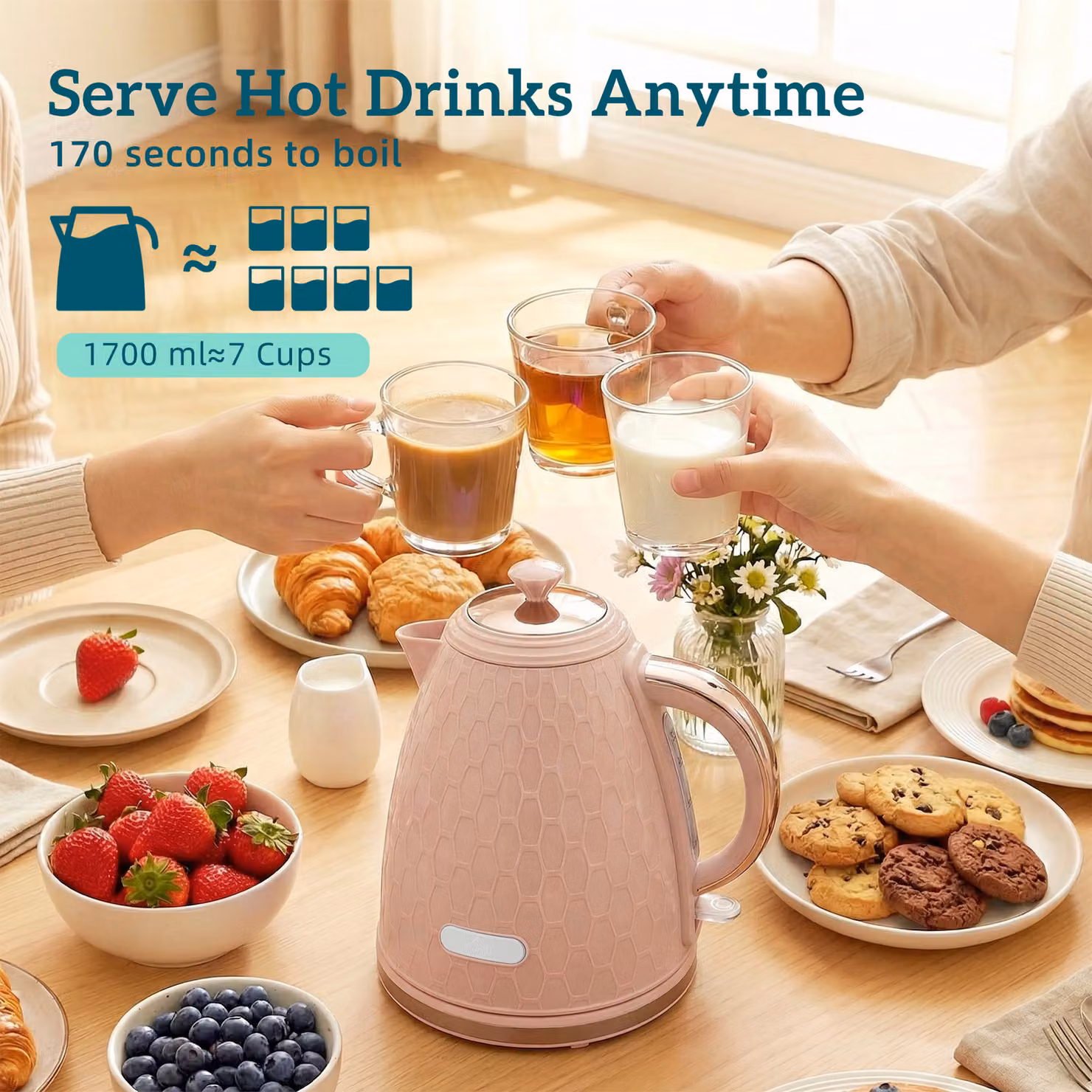 HOMCOM Kettle and 2 Slice Toaster Set with 1.7L Fast Boil Kettle and Browning Controls, Light Pink – 3