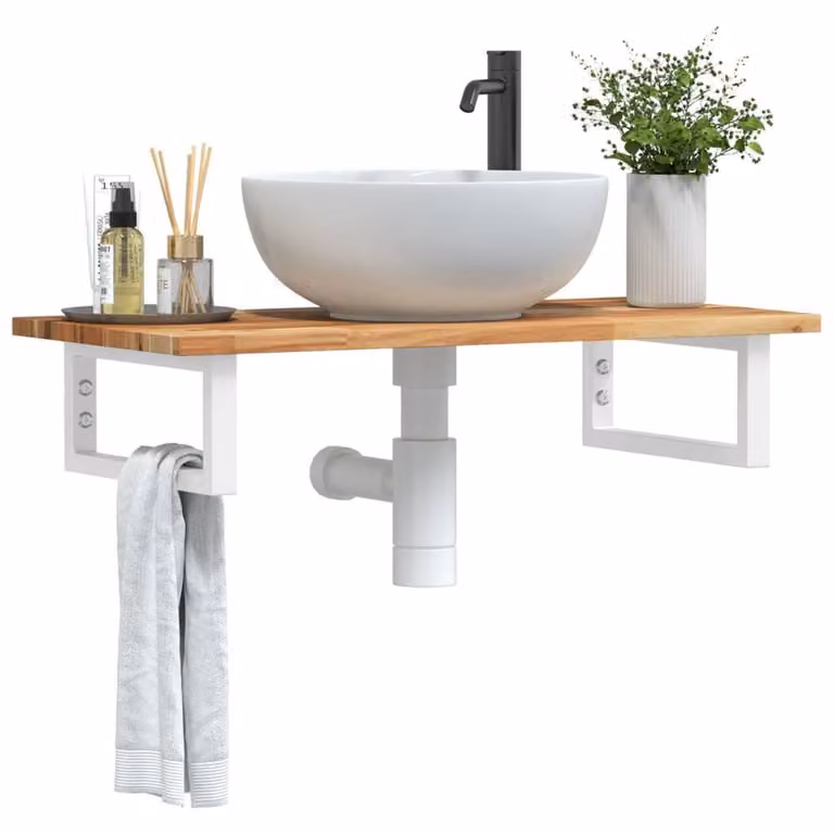Berkfield Home Wall Mounted Basin Shelf in Brown Steel and Solid Acacia Wood