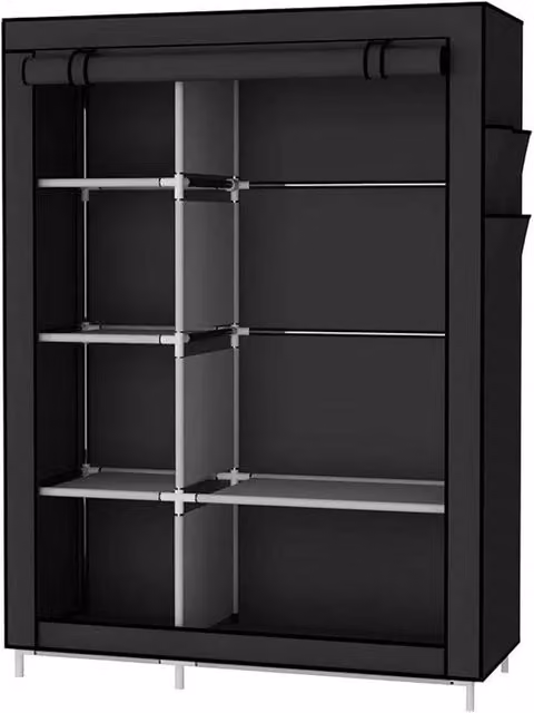 VOGREX Black Collapsible Portable Wardrobe with Roll Shutter Doors and Internal Shelves