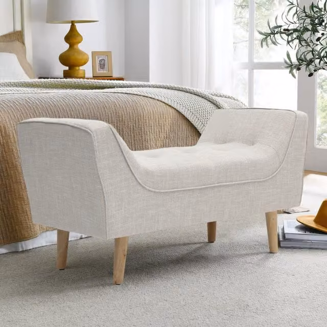 Livingandhome Modern Beige and White Soft Chenille Upholstered Straight Bench with Wood Frame