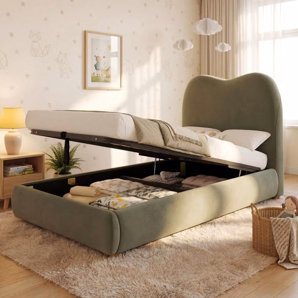 ModernLuxe Kids Single Ottoman Bed with Hydraulic Storage and Headboard in Green Velvet Fabric, W/D/H: 90 x 190 cm – 3