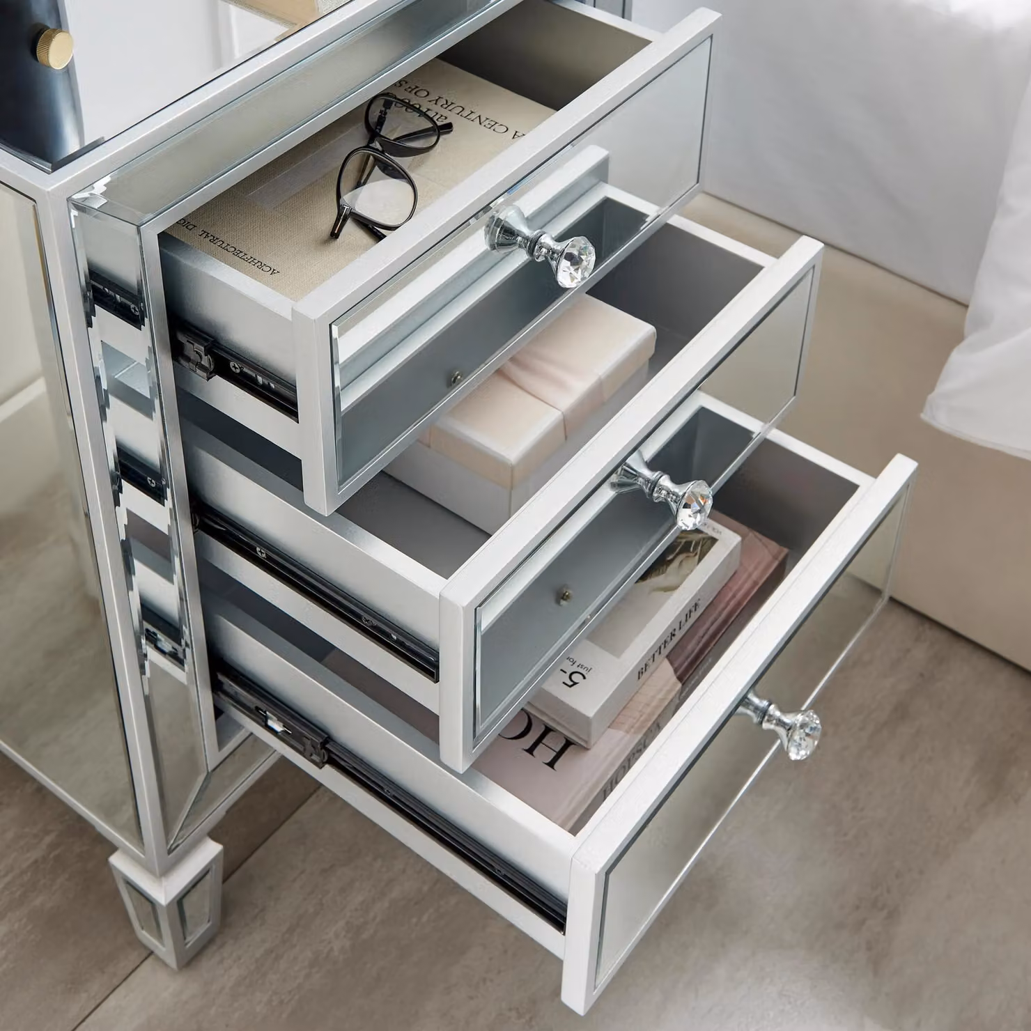 FurnitureboxUK Venice Contemporary 3 Drawer Silver Framed Mirrored Bedside Table in Grey – 2