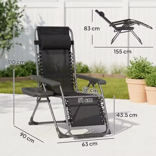 Outsunny Set of 2 Black Zero Gravity Garden Chairs with Adjustable Headrest, Side Tray and Cup Holders – 7