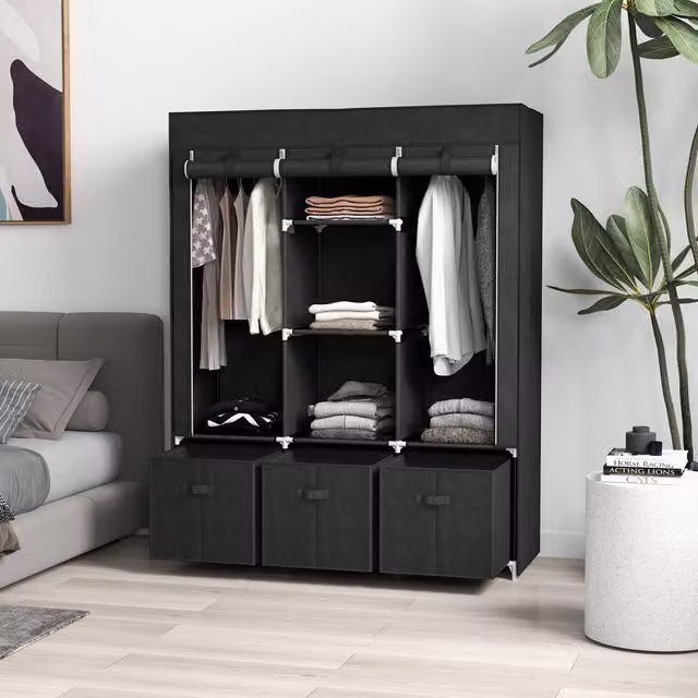 HOMCOM Modern Black Fabric Wardrobe with Internal Shelves, Hanging Rod and Drawers