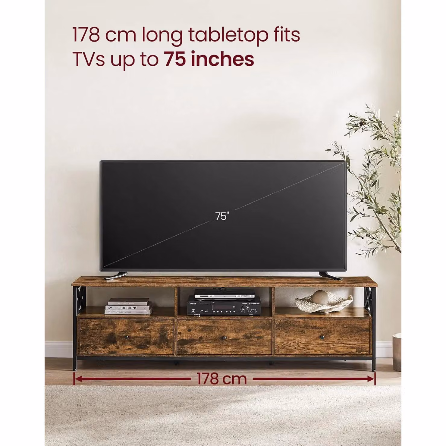 VASAGLE Extra Large Industrial TV Stand Cabinet with 3 Drawers and 3 Open Shelves in Brown – 3