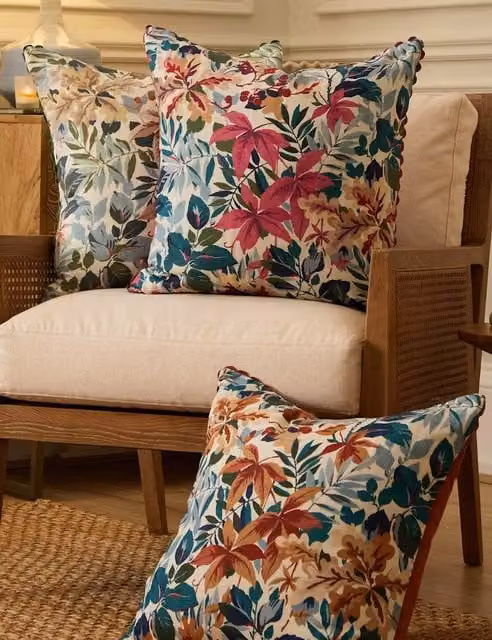 Sanderson Pure Cotton Robins Wood Leaf Printed Square Cushion in Brown Multicolour