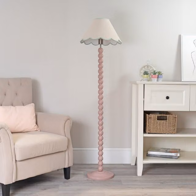 ValueLights Bobbins Rose Floor Lamp with Green Linen Scallop Shade