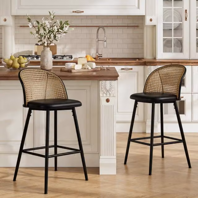 Furniture One Modern Padded Bar Stools with Rattan Back in Black