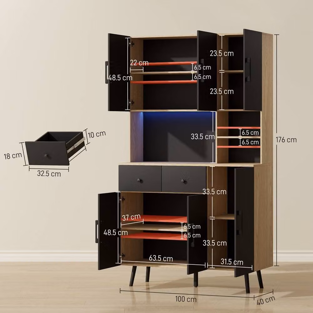STILVORA Modern Tall Kitchen Cupboard with Integrated LED Lighting in Black and Oak Effect – 2