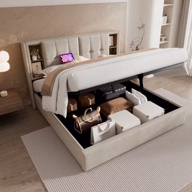 ModernLuxe Upholstered King Size Ottoman Bed with Storage Headboard and USB Charging Port in Sand