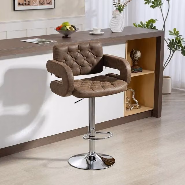EONLION Modern Brown Synthetic Leather and Metal Adjustable Height Swivel Barstool with Armrests