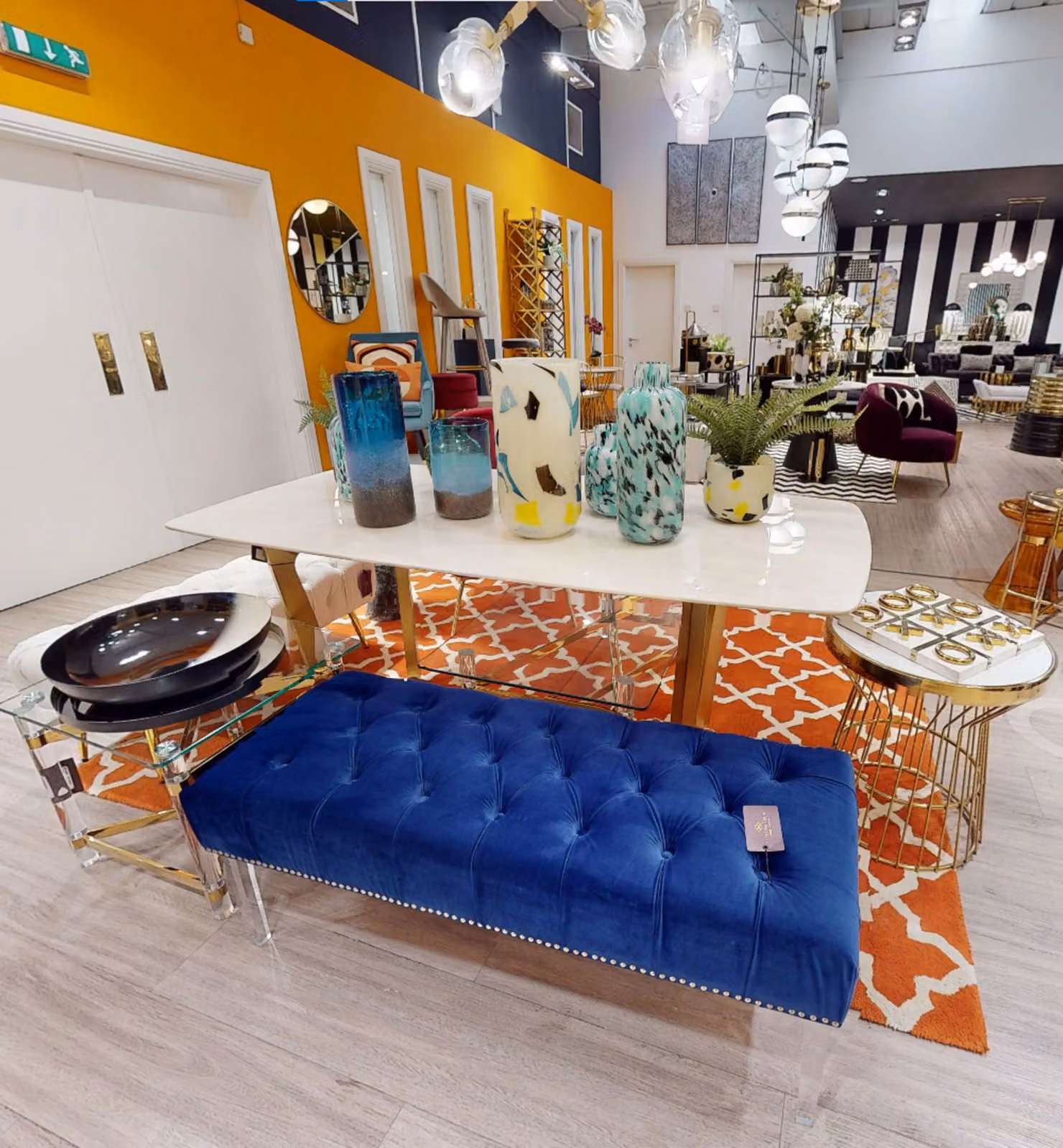Orsina Contemporary Blue Velvet Button Tufted Upholstered Bench with Transparent Acrylic Legs – 2