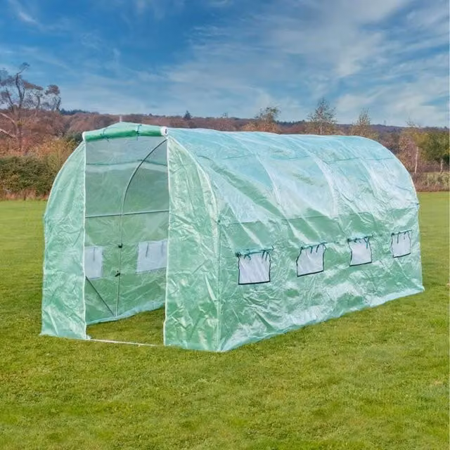 New Leaf Green Freestanding Polytunnel with Galvanised Steel Frame and Plastic Cover featuring Window