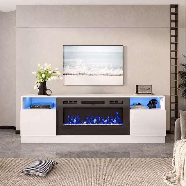Livingandhome Modern Glossy White Recessed Electric Fireplace with TV Cabinet and Crystal Stone Fuel