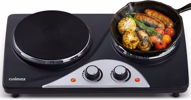 Cusimax Silver Double Cast Iron Hot Plate with Indicator Lights, 2500W, Black
