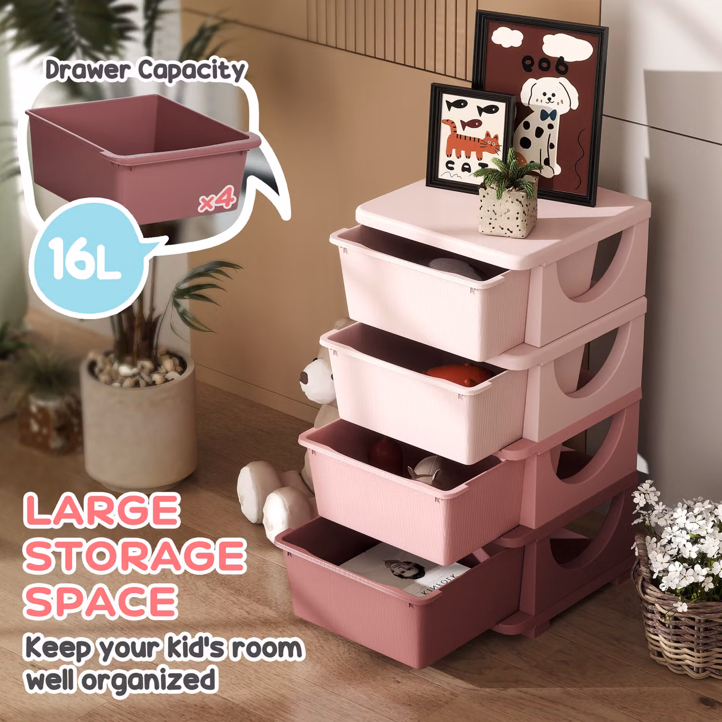 HOMCOM Four-Tier Pink Kids Storage Unit with Four Plastic Drawers and Castors – 2
