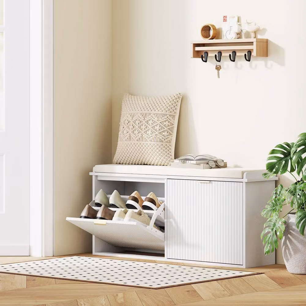 ERGOVEXA White and Gold Shoe Storage Bench with Padded Seat and 2 Flip Drawers – 3