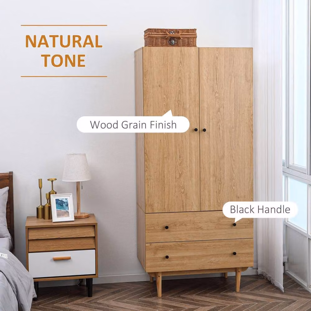 Wyld Haus Coramar Natural Wood 2 Door Wardrobe with Hanging Rail and 2 Internal Drawers, H 180 x W 80 x D 52 cm – 3