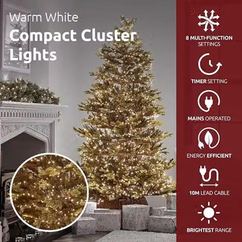 Shatchi 750 LED Warm White Compact Christmas Cluster Lights with Green Cable and Timer – 6