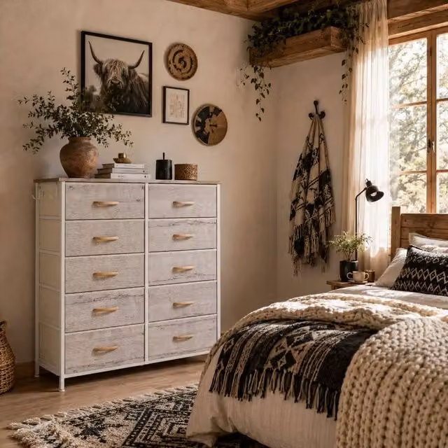 Wyld Haus Nipa 10 Drawer Fabric Dresser in White with Natural Wood Effect and Steel Frame
