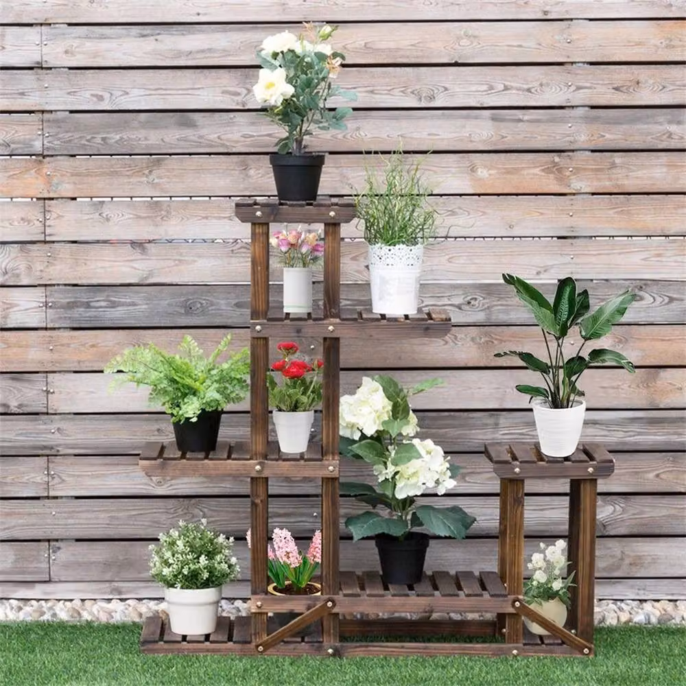 NESTLUNE 5 Tier Brown Pine Wood Ladder Plant Stand for Garden and Home, H 96 cm x W 15 cm x D 15 cm – 5