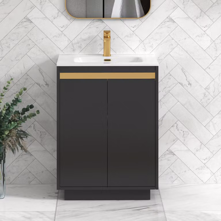 Royal Bathrooms Orion 600mm Matt Obsidian Black 2 Door Floor Standing Vanity Unit with Ceramic Basin and Brushed Brass Accent Trim