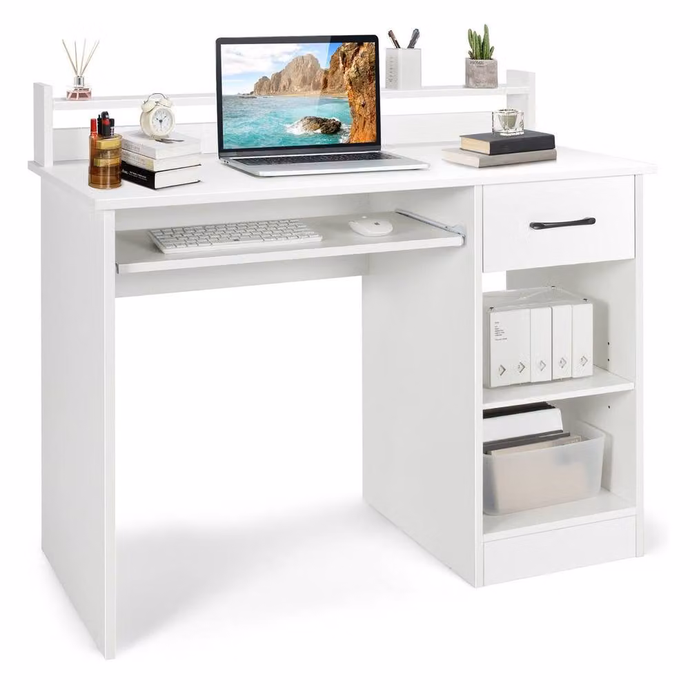 Costway White Wooden Computer Desk with Keyboard Tray and Writing Workstation – 2