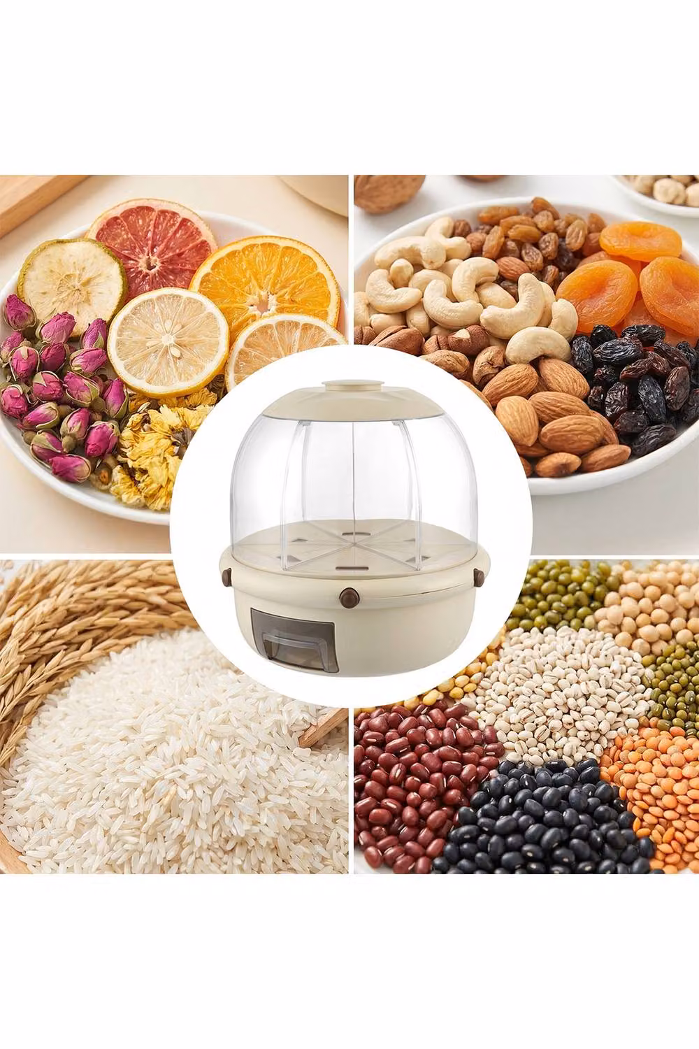 Living and Home 360 Degree Rotating Grain Dispenser Airtight Storage Container with Compartments in Beige and Transparent Plastic – 2