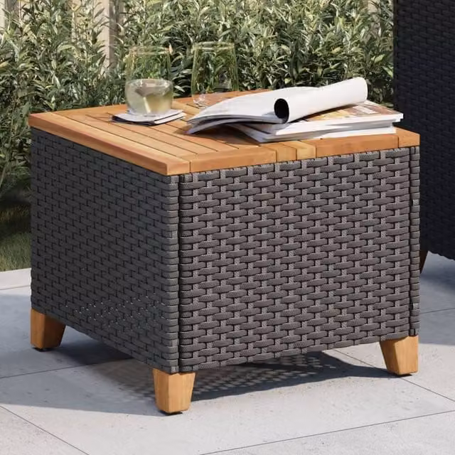 Berkfield Home Black Poly Rattan and Acacia Wood Square Garden Table W/D/H: 45 x 45 x 37 cm