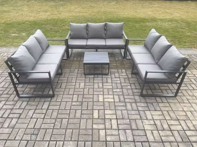 Fimous 9 Seater L-Shape Outdoor Garden Furniture Set with Square Coffee Table in Dark Grey