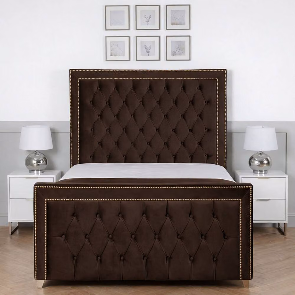 Living Comfort Bedz Metro Plush Velvet Upholstered Super King Bed with Slatted Base and 48 Inch Headboard in Brown, W/D/H: 200 x 200 cm – 2