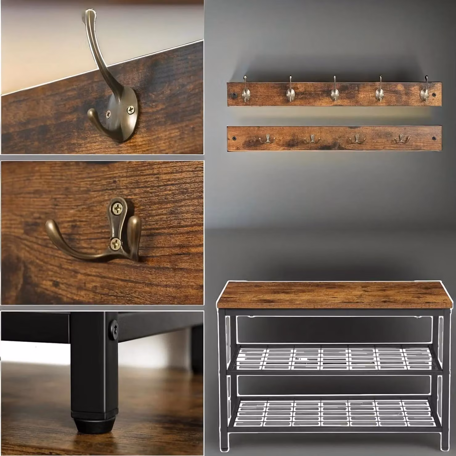 Rafaelo Mobilia Industrial Hallway Shoe Bench Set with 9 Hooks and Shelf in Brown and Black – 3