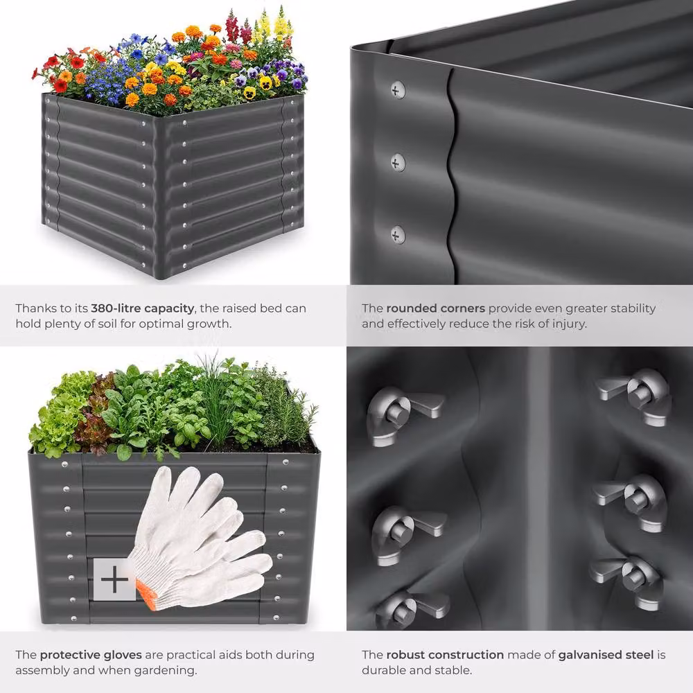 tectake Salvia Raised Garden Bed in Grey Galvanised Steel, W/D/H: 80 x 80 x 62 cm – 4