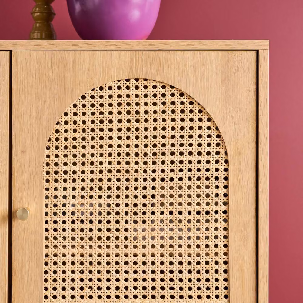 Sweekeek Boho Wood and Rattan 3-Door Sideboard in Beige, W: 120 cm – 4