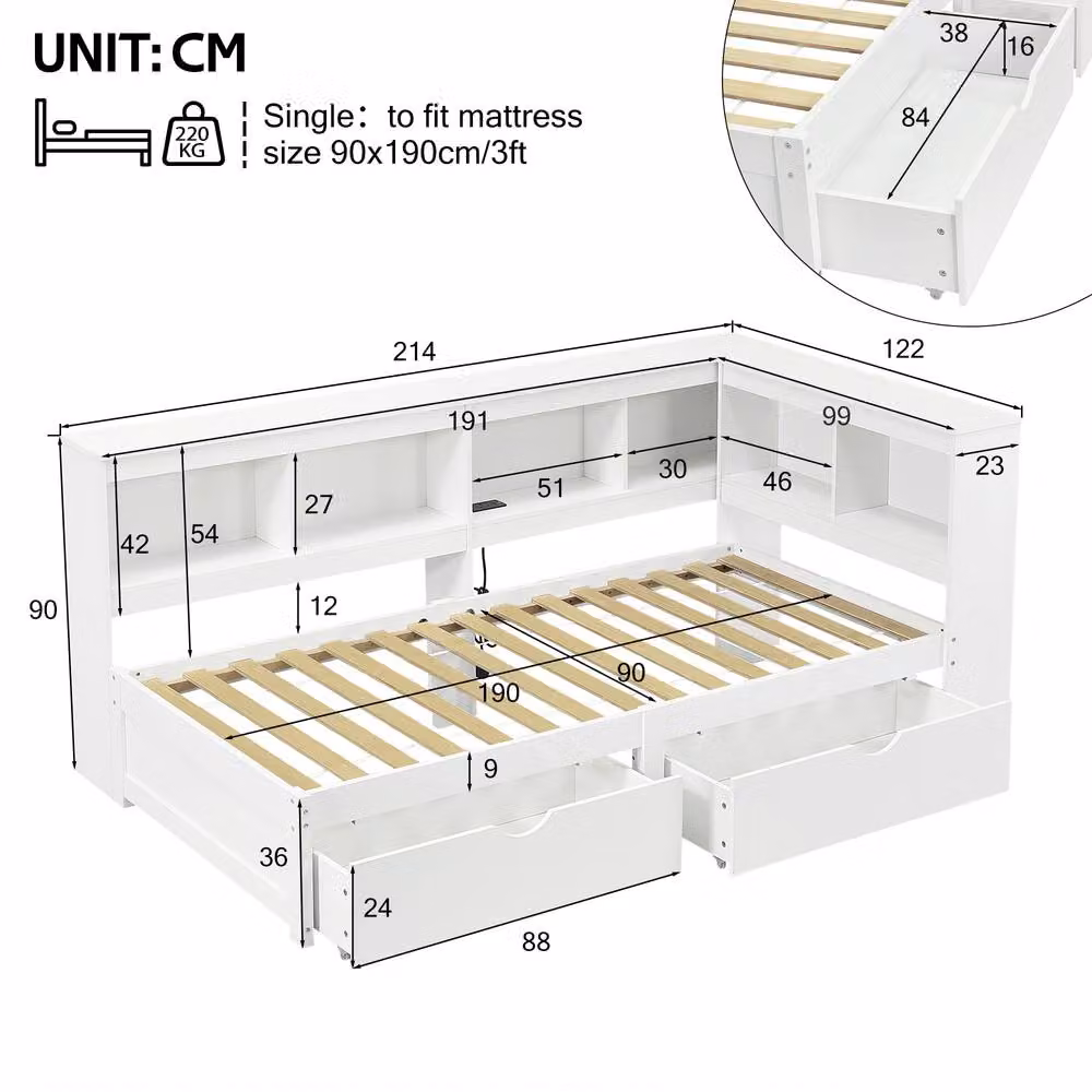 Rolipo White L-Shape Wooden Daybed with Storage Drawers, USB Charging Port and Bedside Shelf, W/D/H: 140 x 200 cm – 2