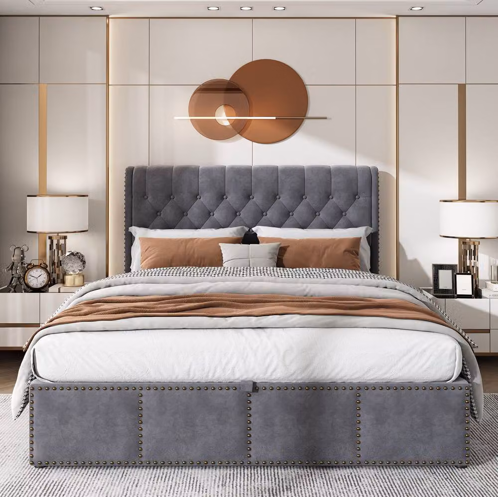 STILVORA Grey Velvet Upholstered Double Bed with Lift Up Storage Base, W/D/H: 140 x 200 cm – 2