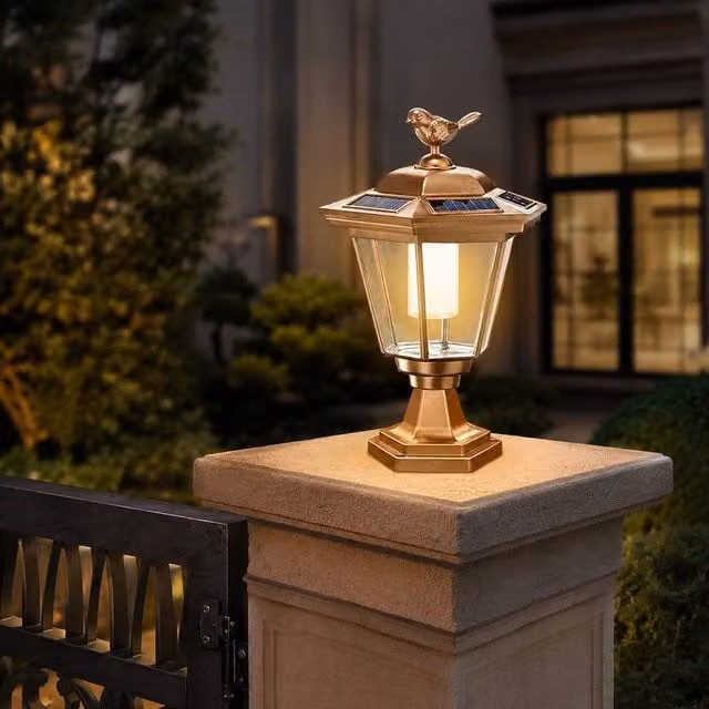 GWSOLAR Solar Bird Pattern Pillar Lamp in Gold with Warm White Light, IP44 Waterproof Garden Post Lantern with Dusk to Dawn Sensor – 1