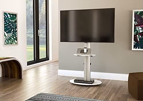 AVF Freestanding Silver Column TV Stand with White Safety Glass Shelving and Universal VESA Bracket for up to 55 inch Screens – 2