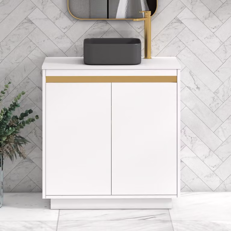 Royal Bathrooms Orion 800mm Matt White Floor Standing 2 Door Vanity Unit with Art Square Basin and Brushed Brass Accent Trim
