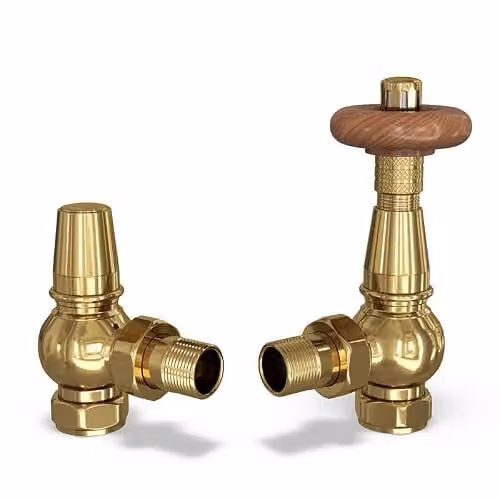UK Radiators Polished Brass Thermostatic Radiator Valve and Angled Lockshield Valve Set with Traditional Design