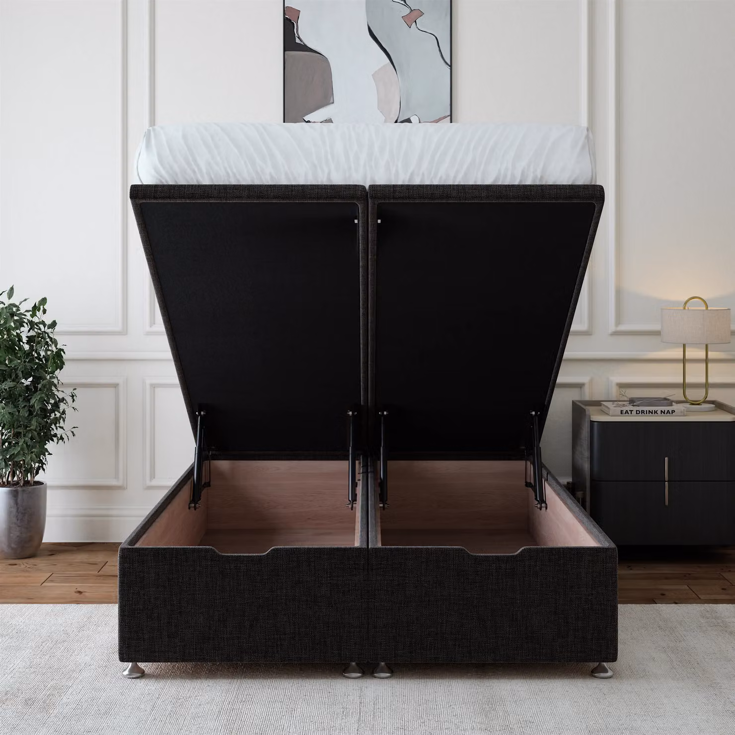 Bedmaster Linen Ottoman Divan Base and Square Headboard in Anthracite Grey, W/D/H: 200 x 200 cm – 2