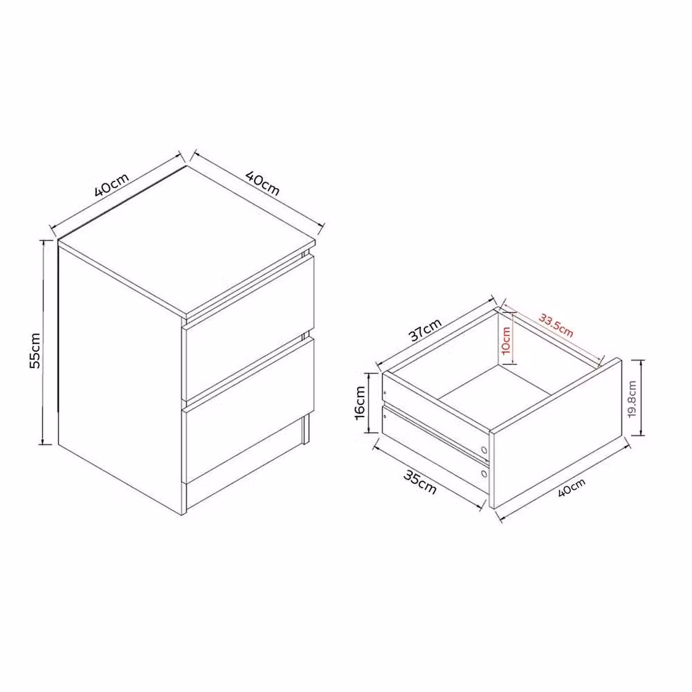 VOGREX White Handleless 2 Drawer Bedside Table with Deep Drawers and Fixed Runners – 2